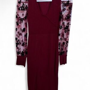 Women's Floral Mesh Sleeve Knit Dress - Burgundy